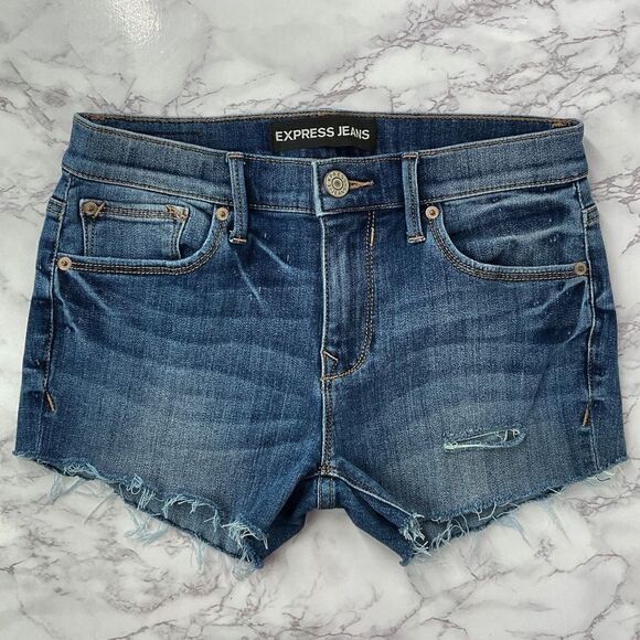 Express Blue Distressed Custom Cutoff Denim Jean Shorts 4 - Picture 1 of 5